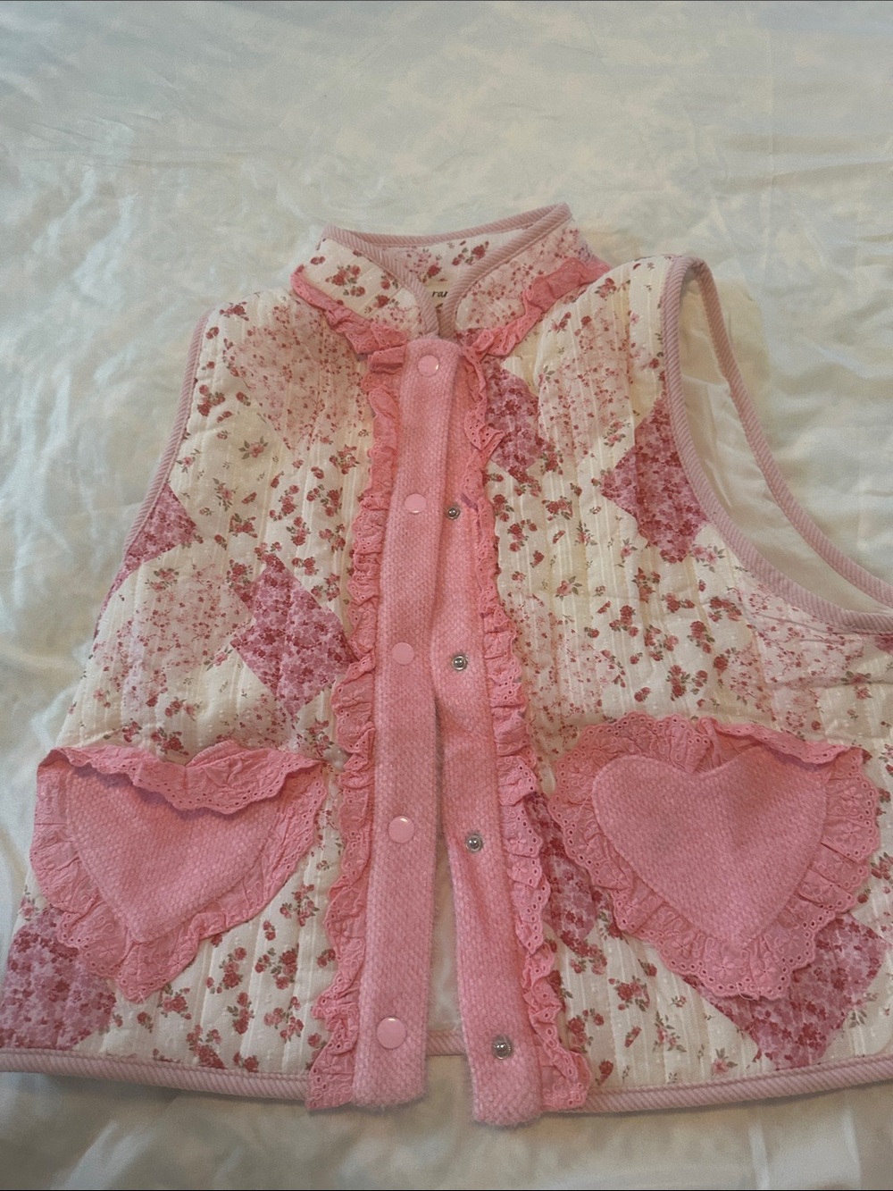 Women’s Pink Floral Quilted Vest with Heart Pockets